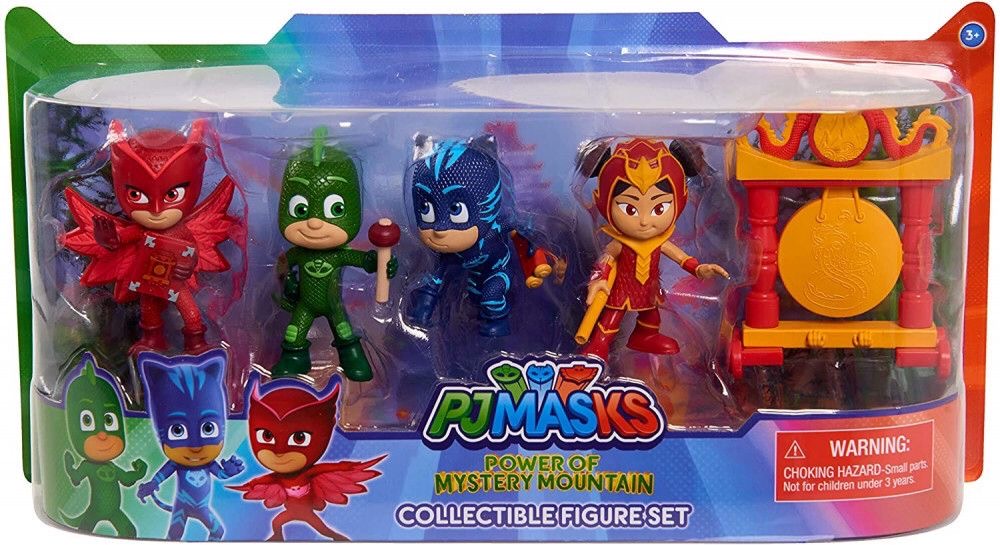PJ Masks collectible figure set packaging with four characters and a mountain structure.