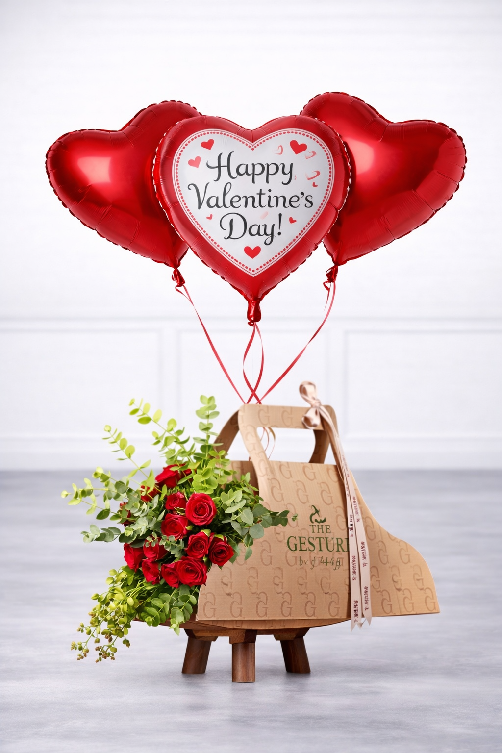 The Gesture Red Roses Holder with 3 assorted balloons