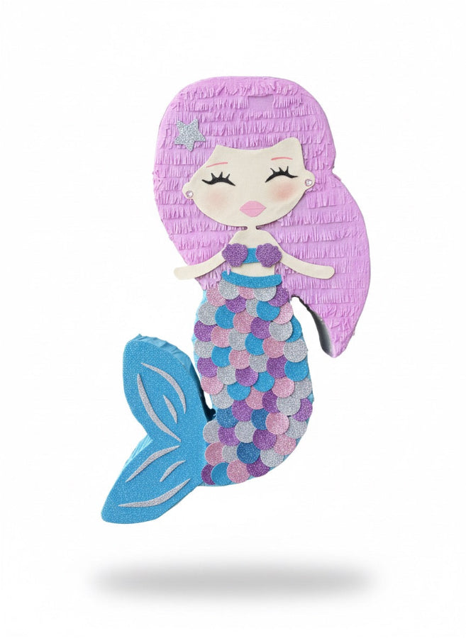Mermaid-shaped piñata with a colorful design on a white background