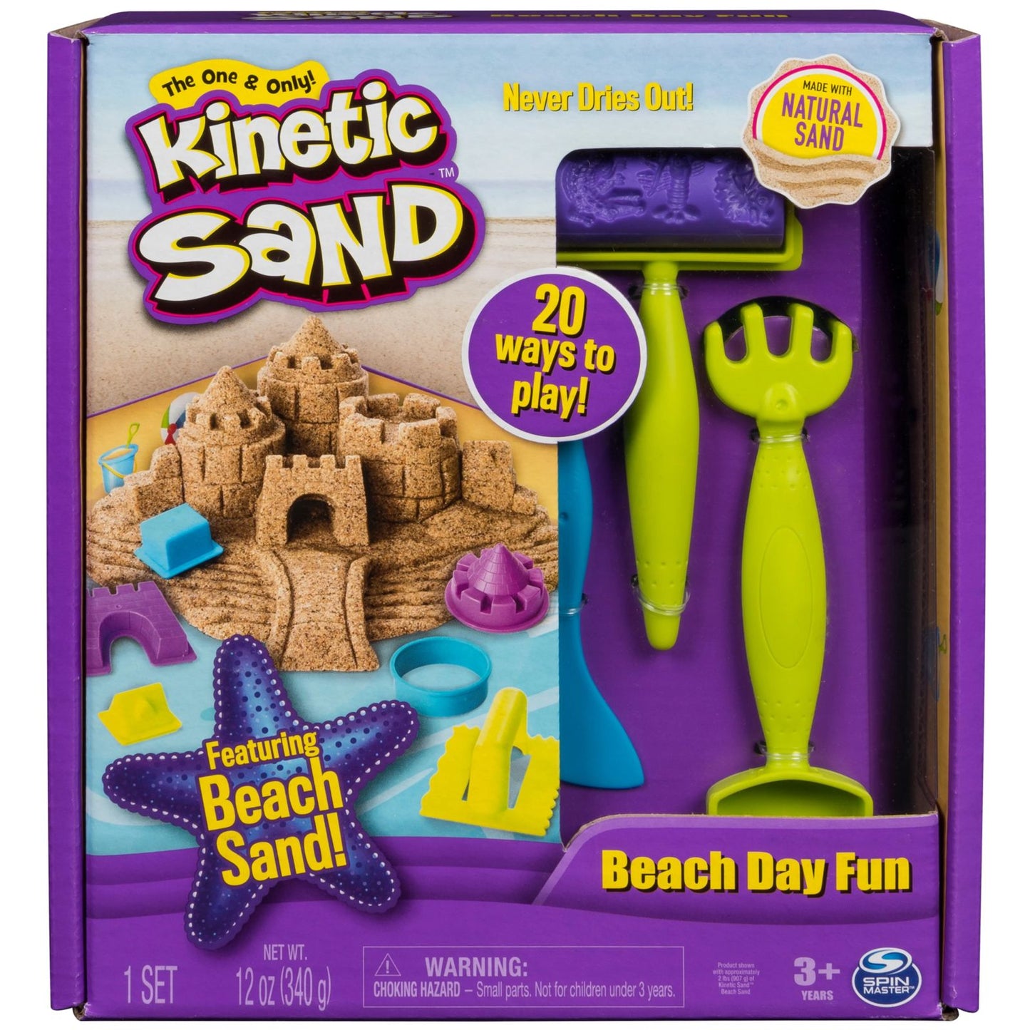 The One and Only Kinetic Sand, Beach Day Fun Playset with Castle Moulds, Tools and 12oz of Kinetic Sand