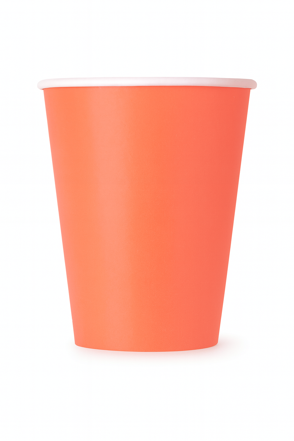Orange paper cup with a white rim on a white background