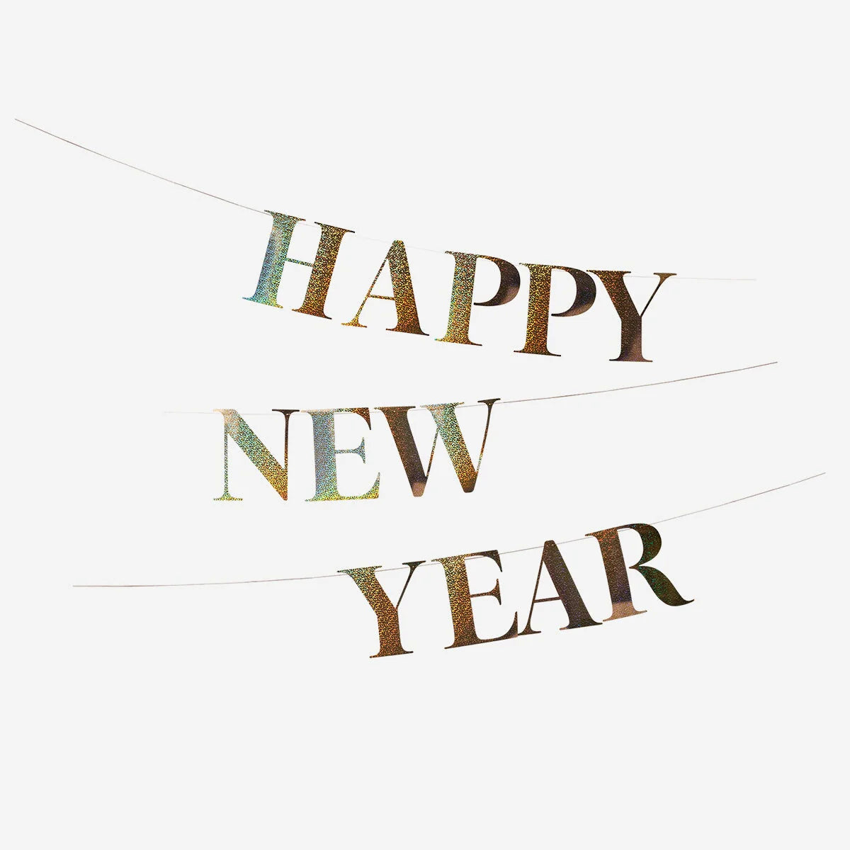 Happy New Year banner with metallic text on a white background
