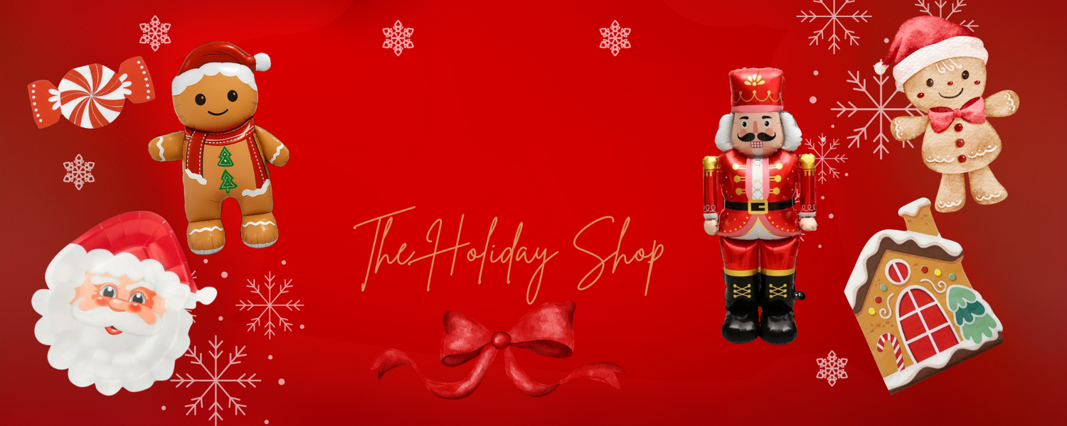 Red festive banner with Christmas-themed decorations and 'The Holiday Shop' text.