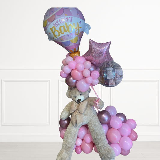Oversized Welcome Baby Girl Hot Air Balloon Bouquet with Teddy Bear